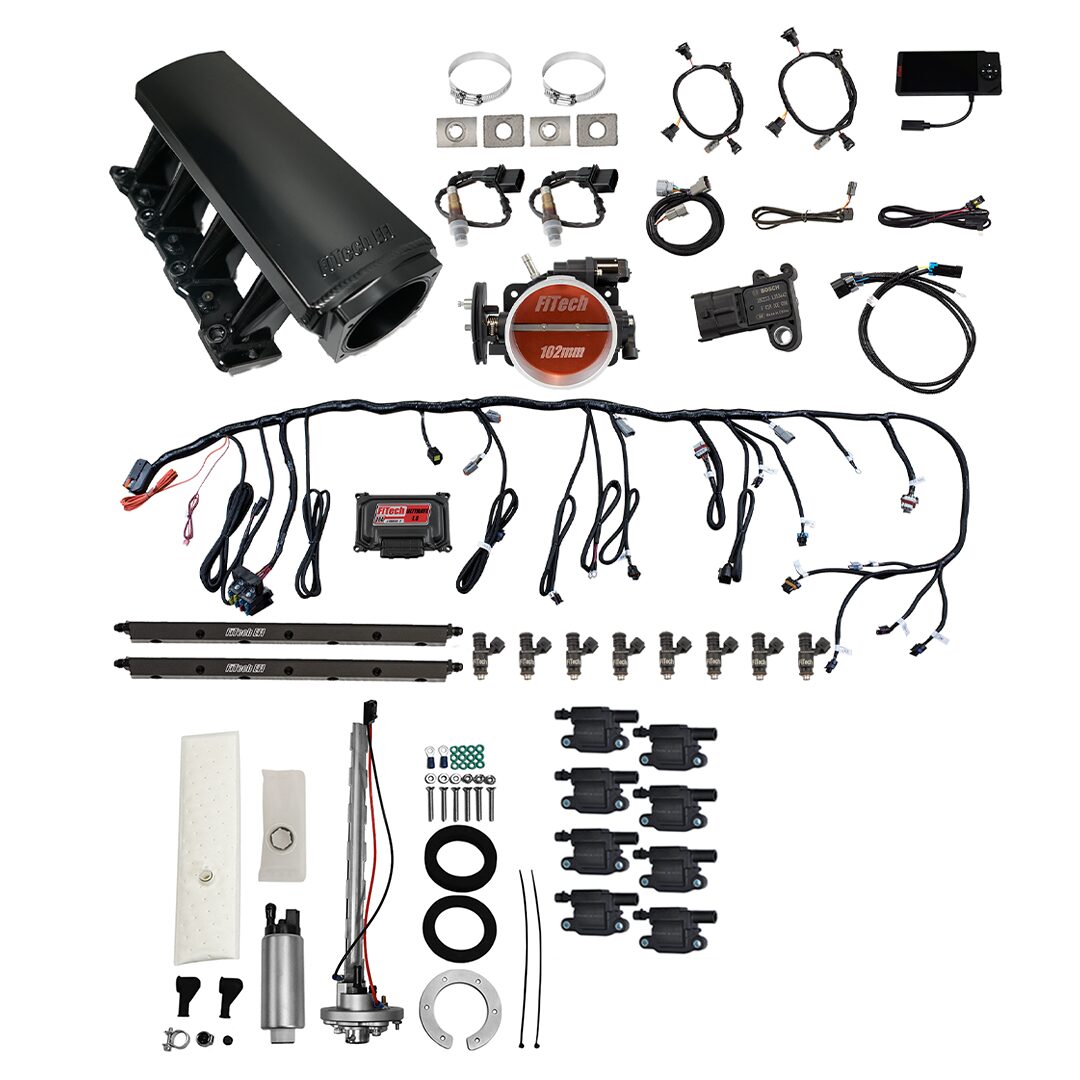 Ultimate LS 750 HP EFI System With Long Runner Cathedral Intake & Transmission Control, Go Fuel In-Tank Regulated Pump 340 LPH & Go Spark LS3 Style Coil 8 Pack Master Kit