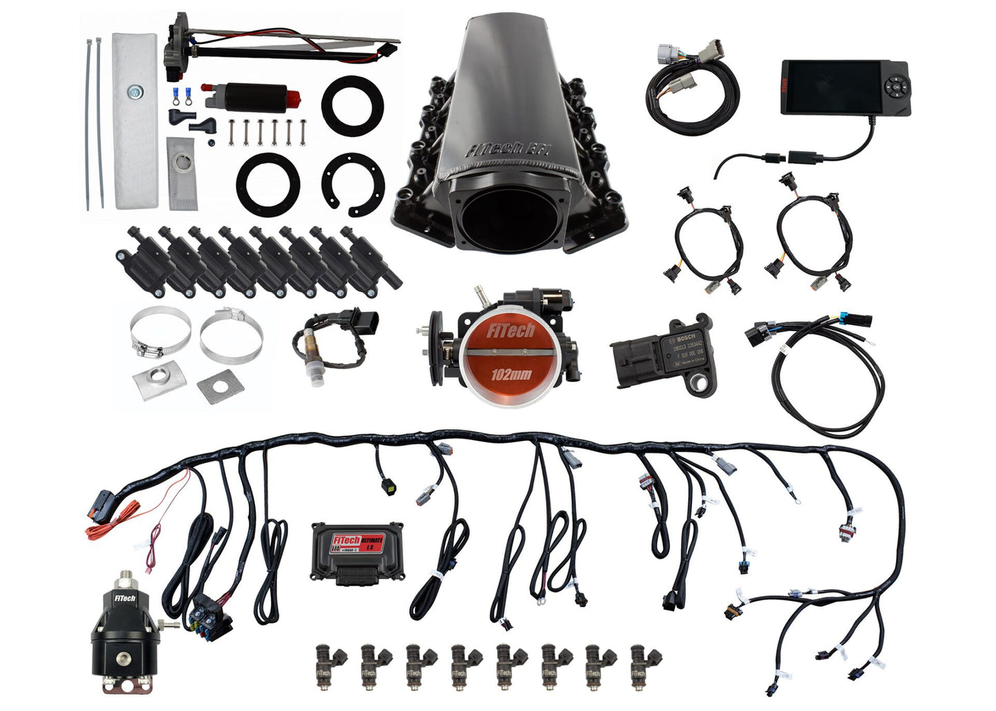 Ultimate LS 750 HP EFI System With Short Cathedral Intake, Transmission Control, In Tank Pump Module, Go Fuel Regulator & LS3 Coil Pack With LED Set