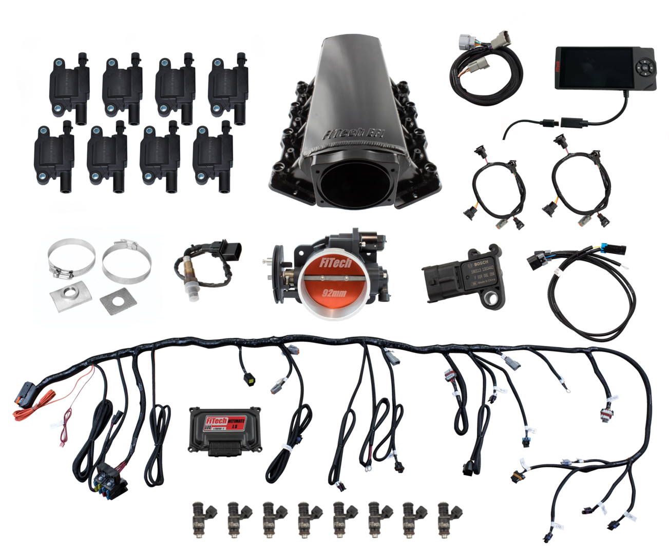 Ultimate LS 500 HP EFI System With Long Runner Cathedral Intake, Transmission Control & LS3 Coil Pack Set