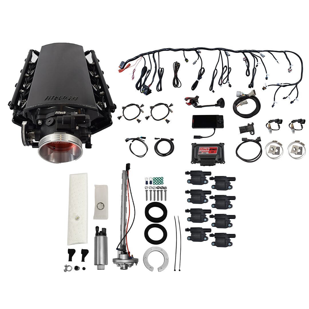 Ultimate LS 500 HP EFI System With Short Cathedral Intake, Transmission Control, Go Fuel In-Tank Regulated Pump 340 LPH & Go Spark LS3 Style Coil 8 Pack Master Kit